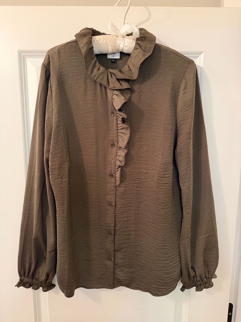 CAbi Icon Olive Brown Boho Romantic Ruffle-Front Button Up Blouse, medium - Picture 2 of 6